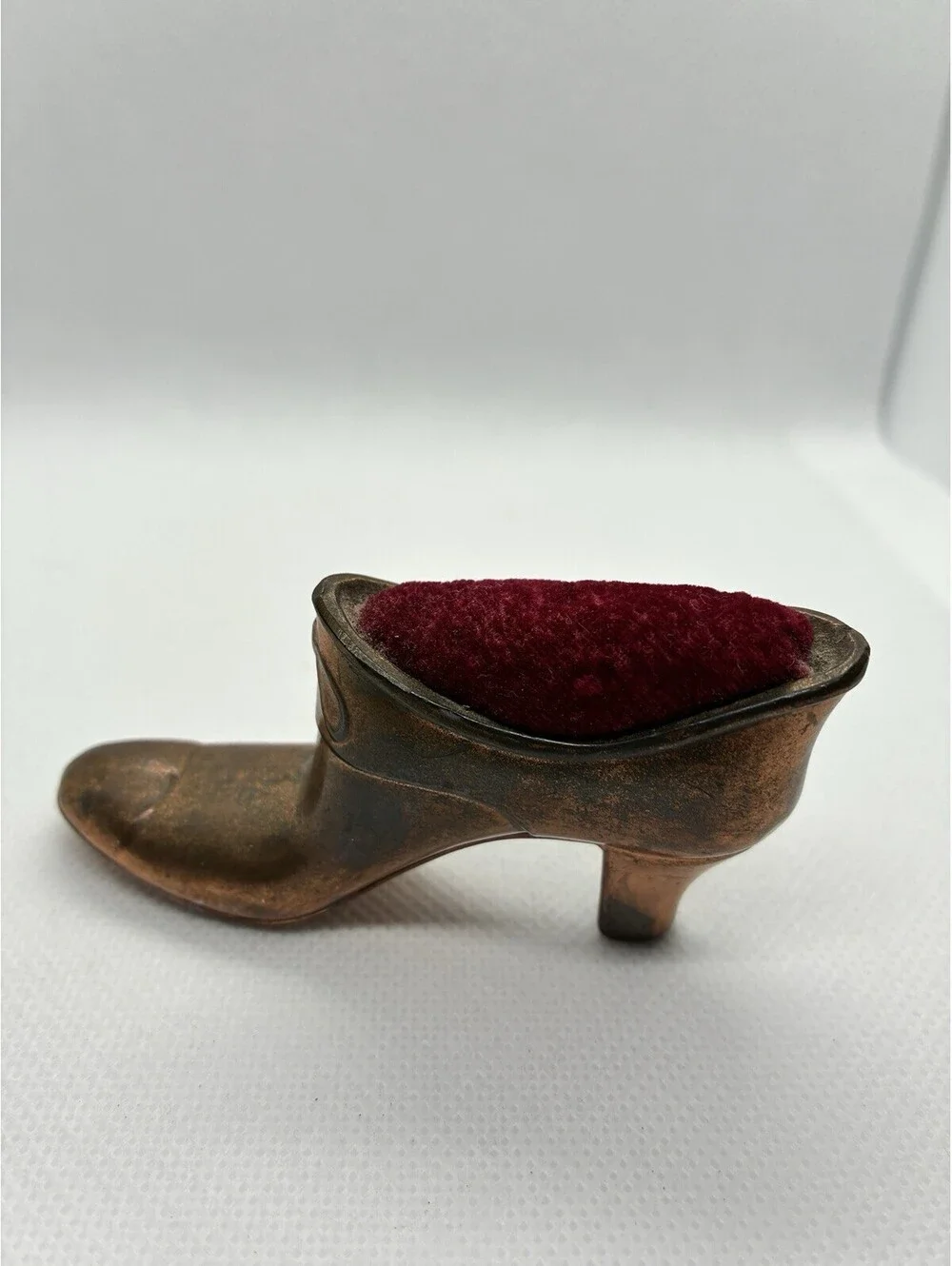 Antique Victorian Cast Metal High Heel Shoe Pin Cushion Red Velvet Bronze Finish